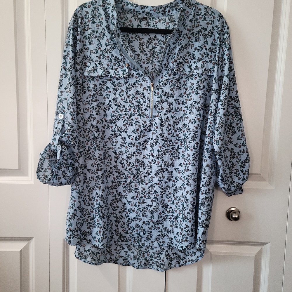 Faddare Womens Casual Blouse Zip up Floral Top
